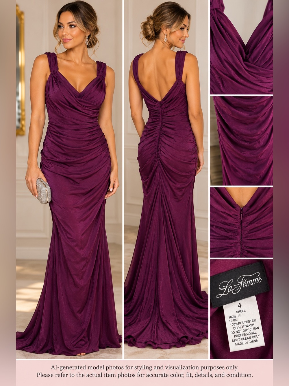 La Femme Purple Plum Ruched V Neck Mermaid Formal Gown Dress Size 4